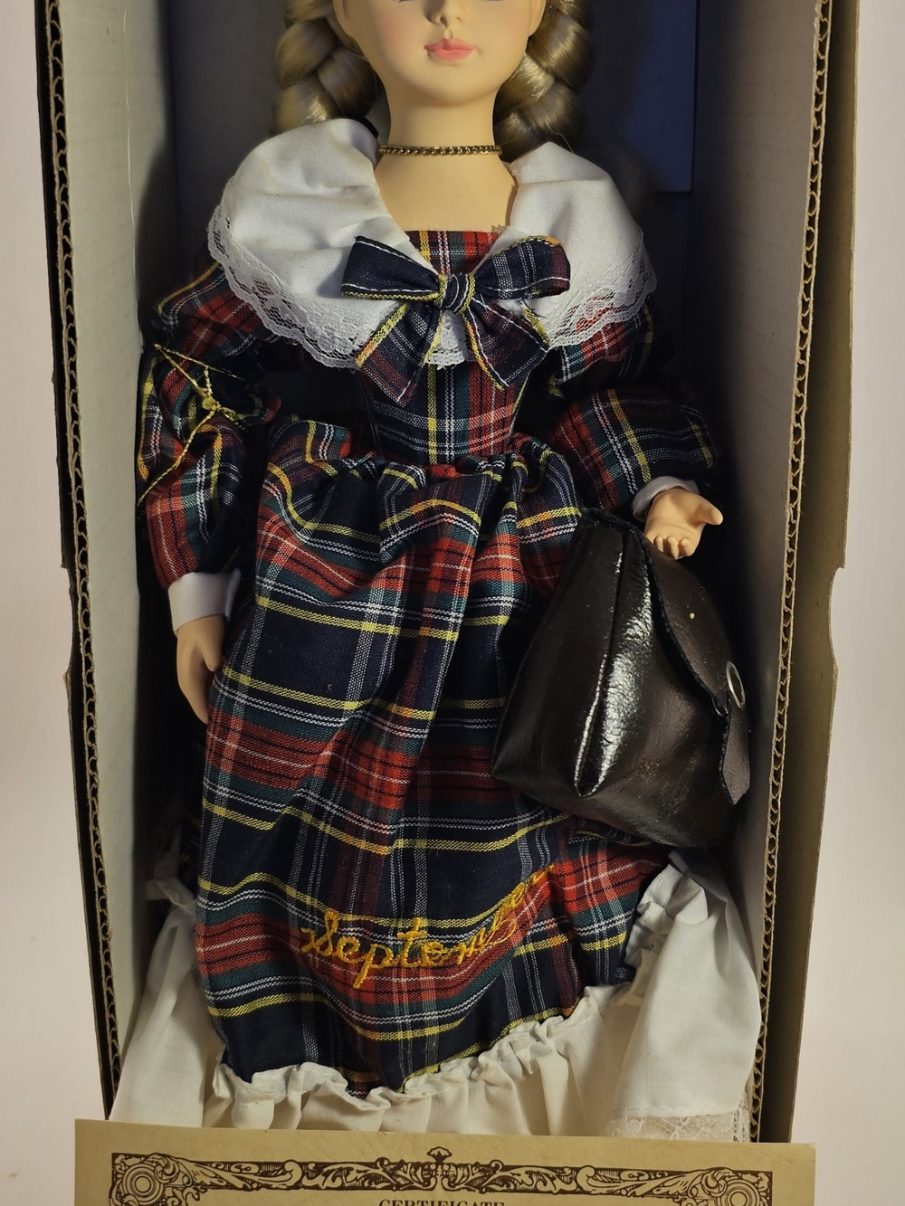 Vintage 1989 Brinn’s Musical September Porcelain Doll • With Box & COA